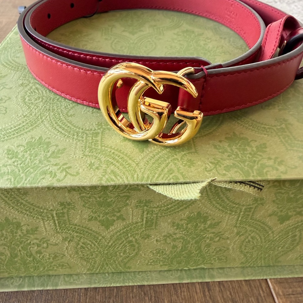 Gucci Red Leather Belt with Gold GG Buckle